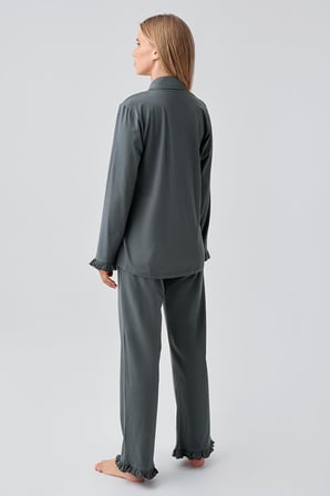 Uzun Kollu Düğmeli Esnek Pamuklu Pijama Takım 18203