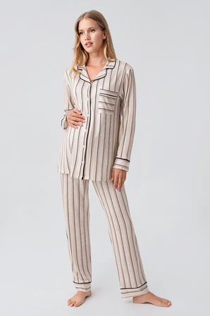 Uzun Kollu Çizgili Düğmeli Esnek Viskoz Pijama Takım 18220