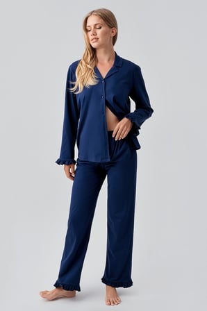 Uzun Kollu Düğmeli Esnek Pamuklu Pijama Takım 18203