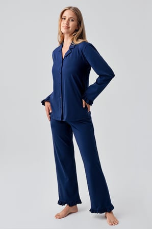 Uzun Kollu Düğmeli Esnek Pamuklu Pijama Takım 18203
