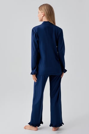 Uzun Kollu Düğmeli Esnek Pamuklu Pijama Takım 18203