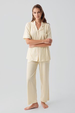 Kısa Kollu Düğmeli Cepli Pötikare Pamuklu Pijama Takım 19201