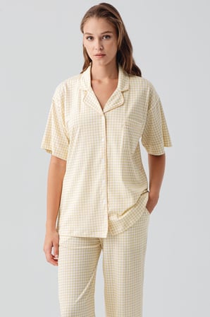 Kısa Kollu Düğmeli Cepli Pötikare Pamuklu Pijama Takım 19201