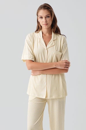 Kısa Kollu Düğmeli Cepli Pötikare Pamuklu Pijama Takım 19201