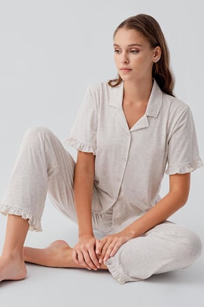 Kısa Kollu Düğmeli Fırfırlı Pamuklu Pijama Takım 19219