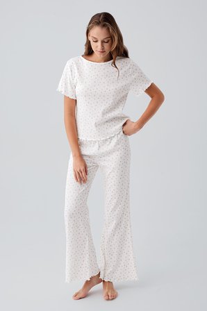 Kısa Kollu Çiçek Desenli %100 Pamuk Pijama Takım 19205