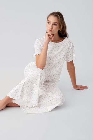 Kısa Kollu Çiçek Desenli %100 Pamuk Pijama Takım 19205