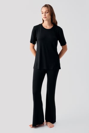 Kısa Kollu Basic İspanyol Paça Esnek Viskoz Pijama Takım 19213