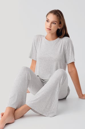 Kısa Kollu Basic İspanyol Paça Esnek Viskoz Pijama Takım 19213