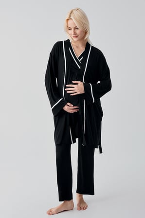 Kısa Kollu Emzirme Bölmeli Ayarlanabilir Bel Esnek Viskoz Hamile Pijama Takım 19317