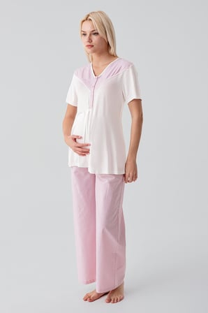 Kısa Kollu Çizgili Düğmeli Dokuma Pamuklu Esnek Viskoz Hamile Sabahlık Pijama Takım 19308