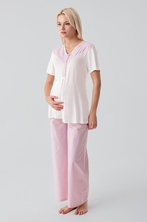 Kısa Kollu Çizgili Düğmeli Dokuma Pamuklu Esnek Viskoz Hamile Sabahlık Pijama Takım 19308