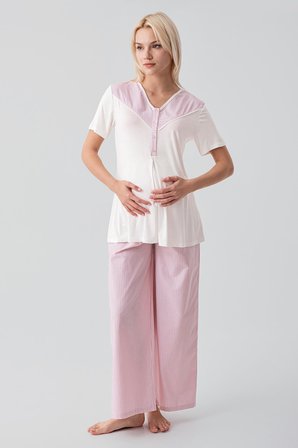 Kısa Kollu Çizgili Düğmeli Dokuma Pamuklu Esnek Viskoz Hamile Sabahlık Pijama Takım 19308