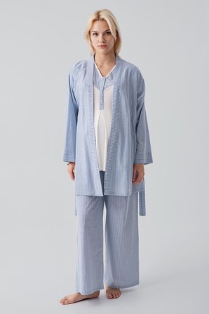 Kısa Kollu Çizgili Düğmeli Dokuma Pamuklu Esnek Viskoz Hamile Sabahlık Pijama Takım 19308