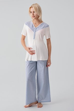 Kısa Kollu Çizgili Düğmeli Dokuma Pamuklu Esnek Viskoz Hamile Sabahlık Pijama Takım 19308