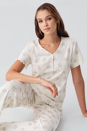 Kısa Kollu Çiçek Desenli Düğmeli Ajurlu %100 Pamuk Pijama Takım 19202