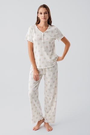Kısa Kollu Çiçek Desenli Düğmeli Ajurlu %100 Pamuk Pijama Takım 19202