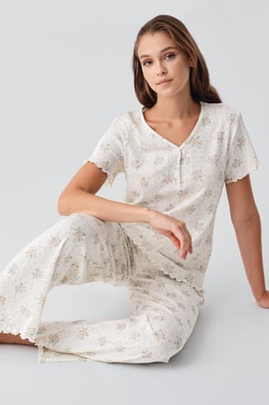 Kısa Kollu Çiçek Desenli Düğmeli Ajurlu %100 Pamuk Pijama Takım 19202