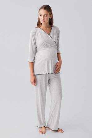 Uzun Kollu Likralı Esnek Viskoz Soft Hamile Pijama Takım 19212