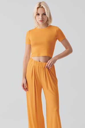 Kısa Kollu Crop Bol Paça Esnek Viskoz Pijama Takım 17216