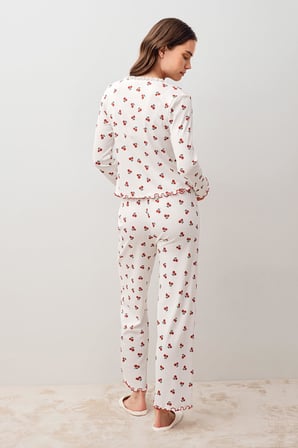 Uzun Kollu Kiraz Desenli %100 Pamuk Pijama Takım 20206