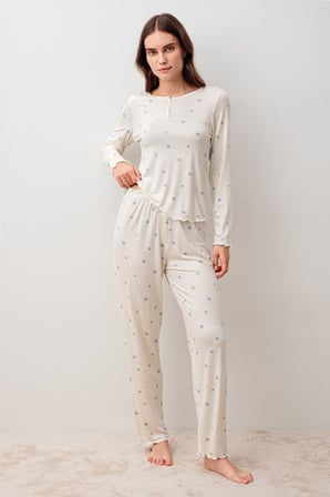 Uzun Kollu Düğmeli Desenli Likralı Viskoz Pijama Takım 20200