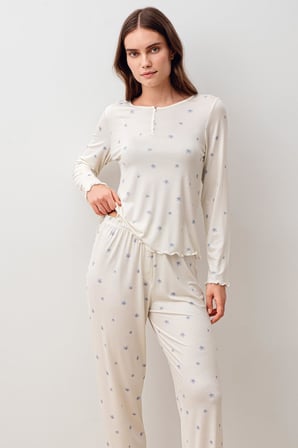 Uzun Kollu Düğmeli Desenli Likralı Viskoz Pijama Takım 20200