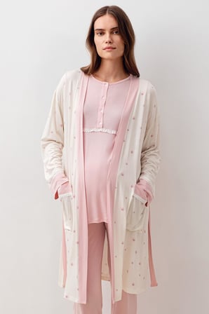 Uzun Kollu Düğmeli Desenli Likralı Viskoz Hamile Sabahlık Pijama Takım 20300