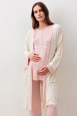 Uzun Kollu Düğmeli Desenli Likralı Viskoz Hamile Sabahlık Pijama Takım 20300