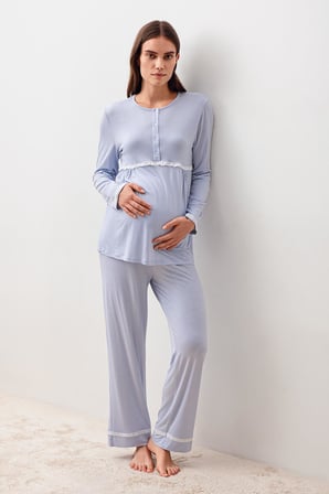 Uzun Kollu Düğmeli Desenli Likralı Viskoz Hamile Sabahlık Pijama Takım 20300