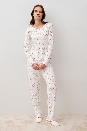 Uzun Kollu Kalpli Düğmeli %100 Pamuk Pijama Takım 20205