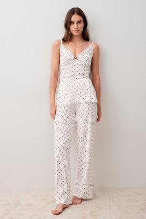 Askılı Düğmeli Kalpli %100 Pamuk Sabahlık Pijama Takım 20305