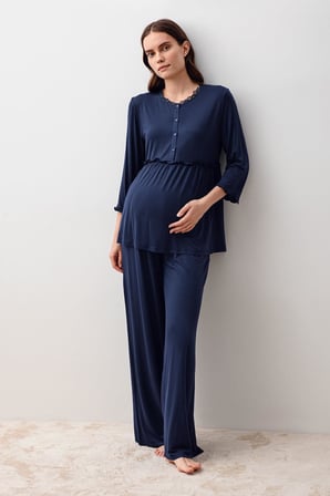 Uzun Kollu Likralı Viskoz Hamile Sabahlık Pijama Takım 20302