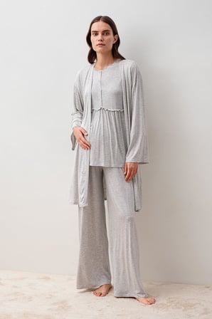 Uzun Kollu Likralı Viskoz Hamile Sabahlık Pijama Takım 20302