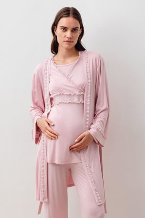 Uzun Kollu Dantelli Likralı Viskoz Hamile Sabahlık Pijama Takım 20300