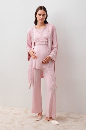 Uzun Kollu Dantelli Likralı Viskoz Hamile Sabahlık Pijama Takım 20300