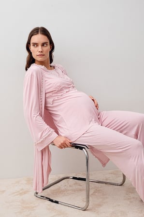 Uzun Kollu Dantelli Likralı Viskoz Hamile Sabahlık Pijama Takım 20300