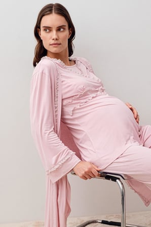 Uzun Kollu Dantelli Likralı Viskoz Hamile Sabahlık Pijama Takım 20300