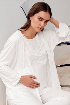 Uzun Kollu Dantelli Likralı Viskoz Hamile Sabahlık Pijama Takım 20300