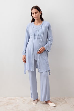Uzun Kollu Dantelli Likralı Viskoz Hamile Sabahlık Pijama Takım 20300