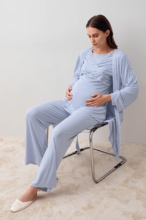 Uzun Kollu Dantelli Likralı Viskoz Hamile Sabahlık Pijama Takım 20300