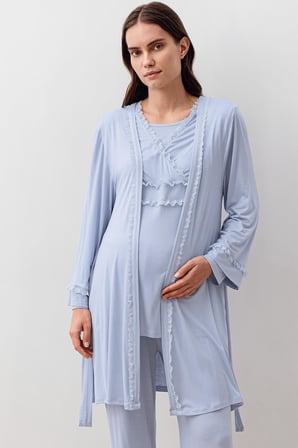 Uzun Kollu Dantelli Likralı Viskoz Hamile Sabahlık Pijama Takım 20300