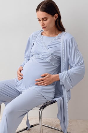 Uzun Kollu Dantelli Likralı Viskoz Hamile Sabahlık Pijama Takım 20300