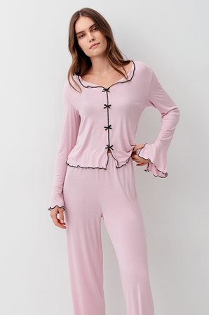 uzun kollu kurdele fiyonk detaylı esnek likralı viskoz soft pijama takım 18208