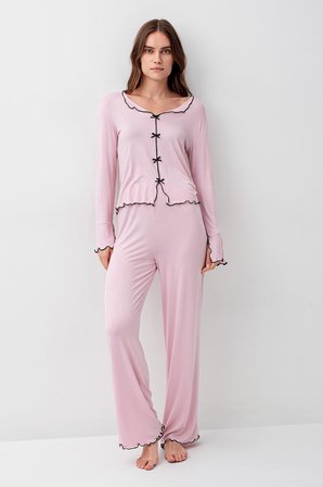 uzun kollu kurdele fiyonk detaylı esnek likralı viskoz soft pijama takım 18208