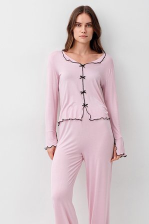 uzun kollu kurdele fiyonk detaylı esnek likralı viskoz soft pijama takım 18208