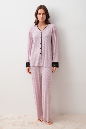 Puantiyeli Düğmeli Dantelli Likralı Viskoz Pijama Takım 20207