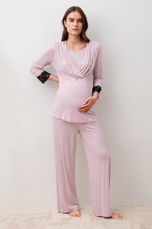 Uzun Kollu Puantiyeli Likralı Viskoz Hamile Sabahlık Pijama Takım 20307