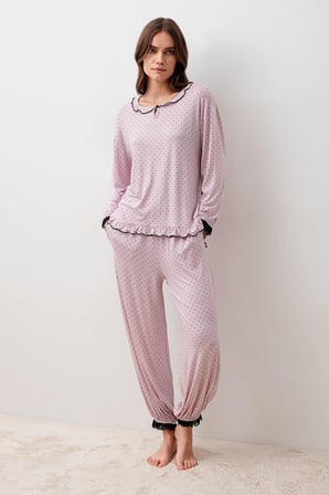 Uzun Kollu Puantiyeli Dantelli Paçası Lastikli Likralı Viskoz Pijama Takım 20208