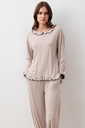 Uzun Kollu Puantiyeli Dantelli Paçası Lastikli Likralı Viskoz Pijama Takım 20208